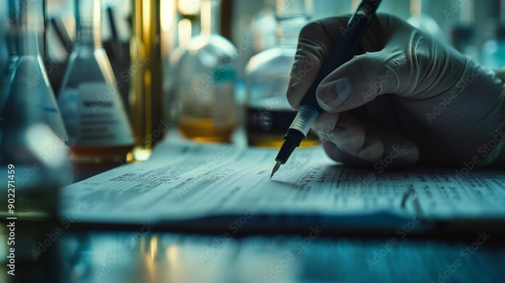 Obraz premium Close-up: professora??s pen marking lab report..