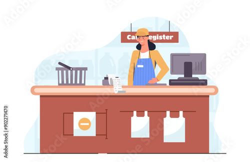 Cash register woman. Young girl at cash register stands near bar code reader. Trading and commerce. Seller at workplace. Retail and marketing. Flat vector illustration isolated on white background