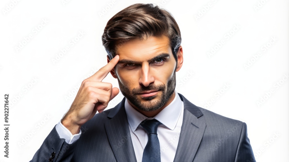 A confident businessman with a thoughtful expression, pointing to his temple, conveying a sense of intellect and innovation, against a transparent background. A confident businessman with a thoughtful expression, pointing to his temple, conveying a sense of intellect and innovation, against a transparent background.