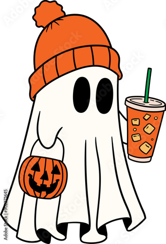 halloween cute ghost with ice coffee