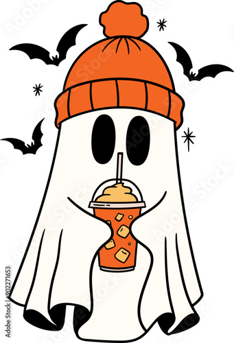 halloween cute ghost with ice coffee