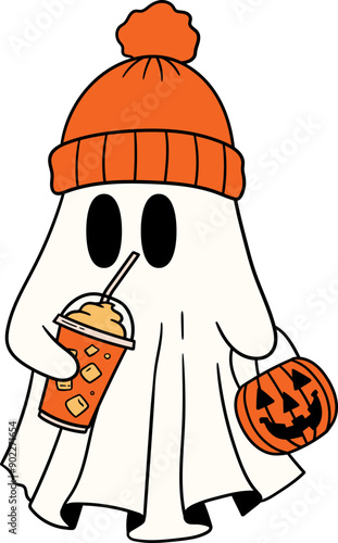 halloween cute ghost with ice coffee