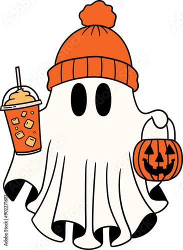halloween cute ghost with ice coffee