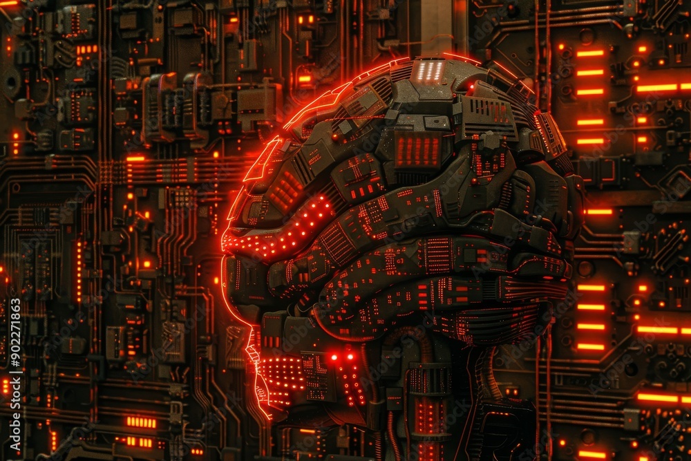 Fototapeta premium Red Neural Brain Model Integrated with High Tech Digital Circuitry