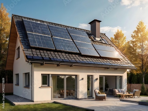 Close-up of a new suburban house with a photovoltaic system on the roof. Simple and modern environmentally friendly house with solar panels on the gable roof, with sunlight during the day