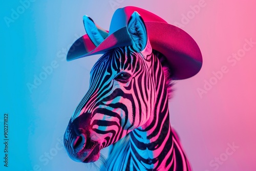 Zebra in hat , fashion portrait in pink and blue neon colors created with ai photo