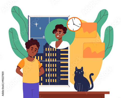 Child worried about mother. Frightened boy in apartment looks out window in evening. Schoolboy afraid about mom. Woman returned late from work. Flat vector illustration isolated on white background