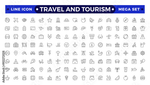 Travel icon set. Summer vacations and holiday symbol vector illustration. Collection of traveling and tourism elements. Travel and tourism icon set. Airplane, trip, beach, passport, camping, hotel.