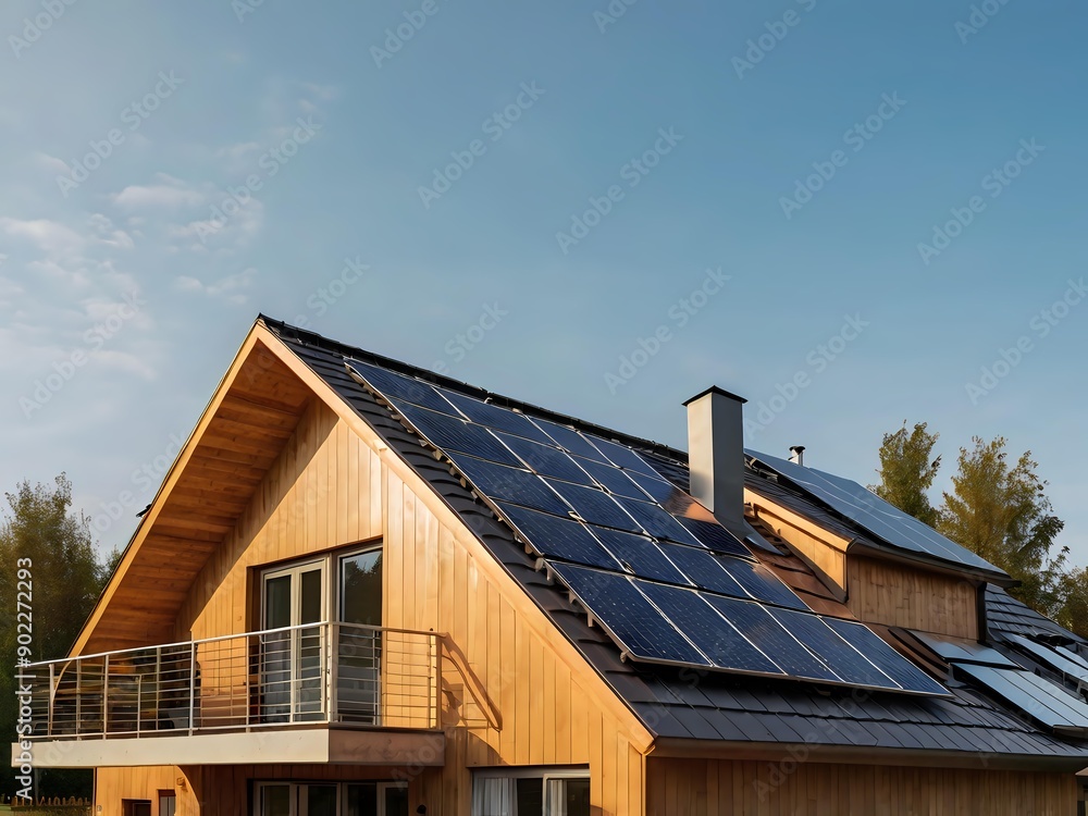 Close-up of a new suburban house with a photovoltaic system on the roof. Simple and modern environmentally friendly house with solar panels on the gable roof, with sunlight during the day Close-up of a new suburban house with a photovoltaic system on the roof. Simple and modern environmentally friendly house with solar panels on the gable roof, with sunlight during the day