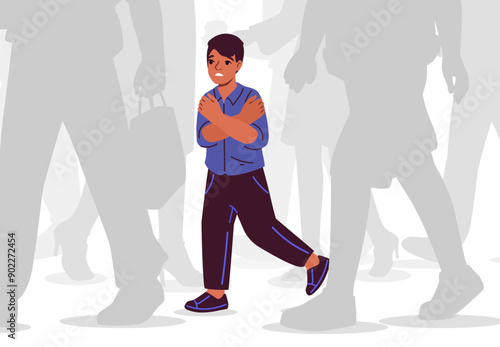 Boy with childhood trauma. Schoolboy stands in crowd and cries. Negative feelings and emotions. Depression and loneliness. Kid with mental and psychological problems. Flat vector illustration