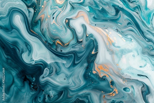 An abstract artwork featuring a dynamic, fluid design with various shades of lighter dynamic colors, along with white and pastel blue accents.