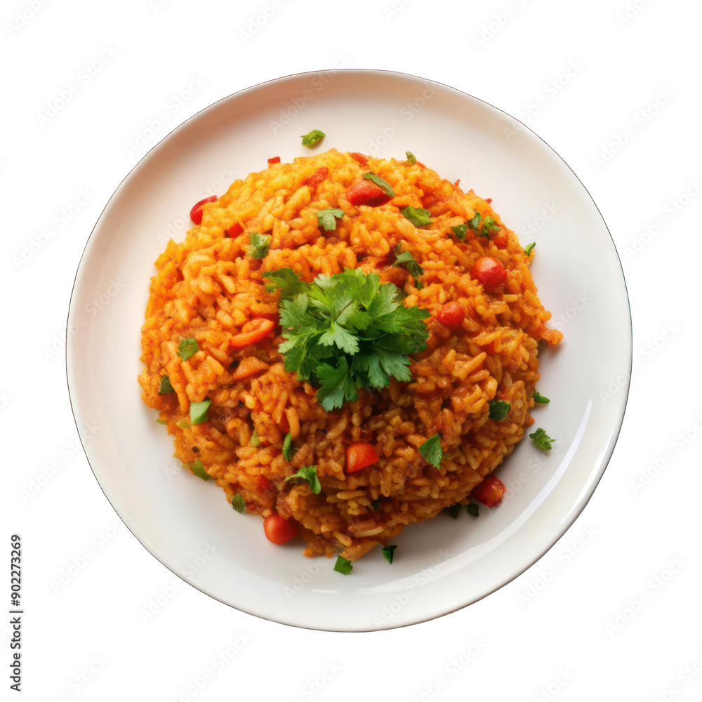 African cuisine jollof rice on white plate top view on transparent background African cuisine jollof rice on white plate top view on transparent background