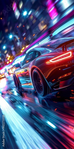 Furious style sports car on neon highway Powerful acceleration of super cars on night tracks with colorful lights and tracks