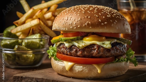 Burger with French fries , Mozzarella, and Tomato and Lectuce photo