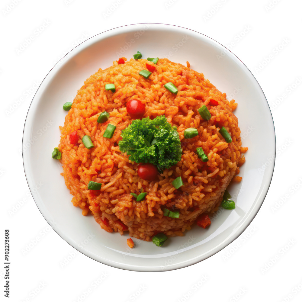 African cuisine jollof rice on white plate top view on transparent background African cuisine jollof rice on white plate top view on transparent background