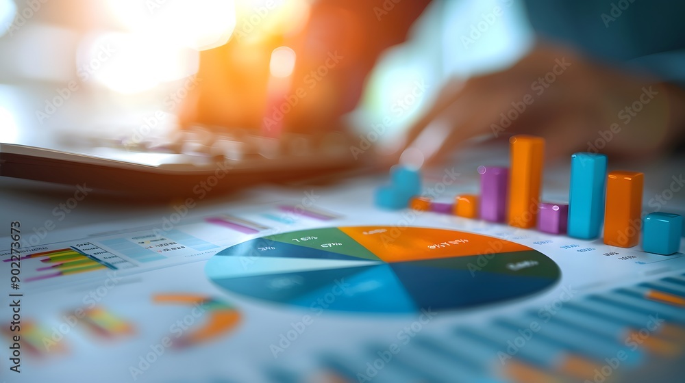 Analyzing Financial Data with Pie Charts and Bar Graphs, Person Using Calculator for Report Analysis and Comprehensive Review Analyzing Financial Data with Pie Charts and Bar Graphs, Person Using Calculator for Report Analysis and Comprehensive Review