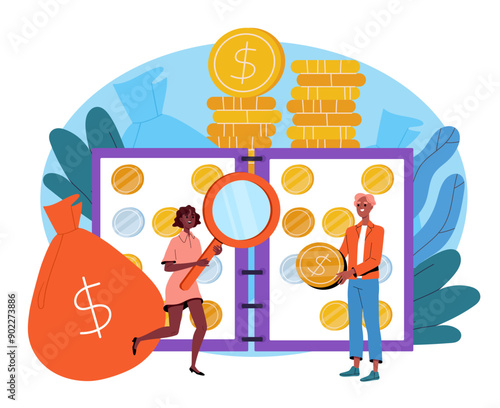 People collect coins. Man and woman with magnifying glass near book of treasures. Numismatics and collecting. Numismatists evaluate cash. Flat vector illustration isolated on white background