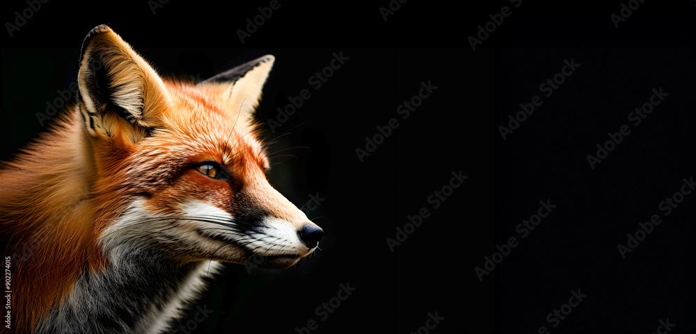 Fototapeta premium Majestic red fox with a striking orange red fur coat and a keen observant gaze stares intently against a dramatic pitch black background This powerful