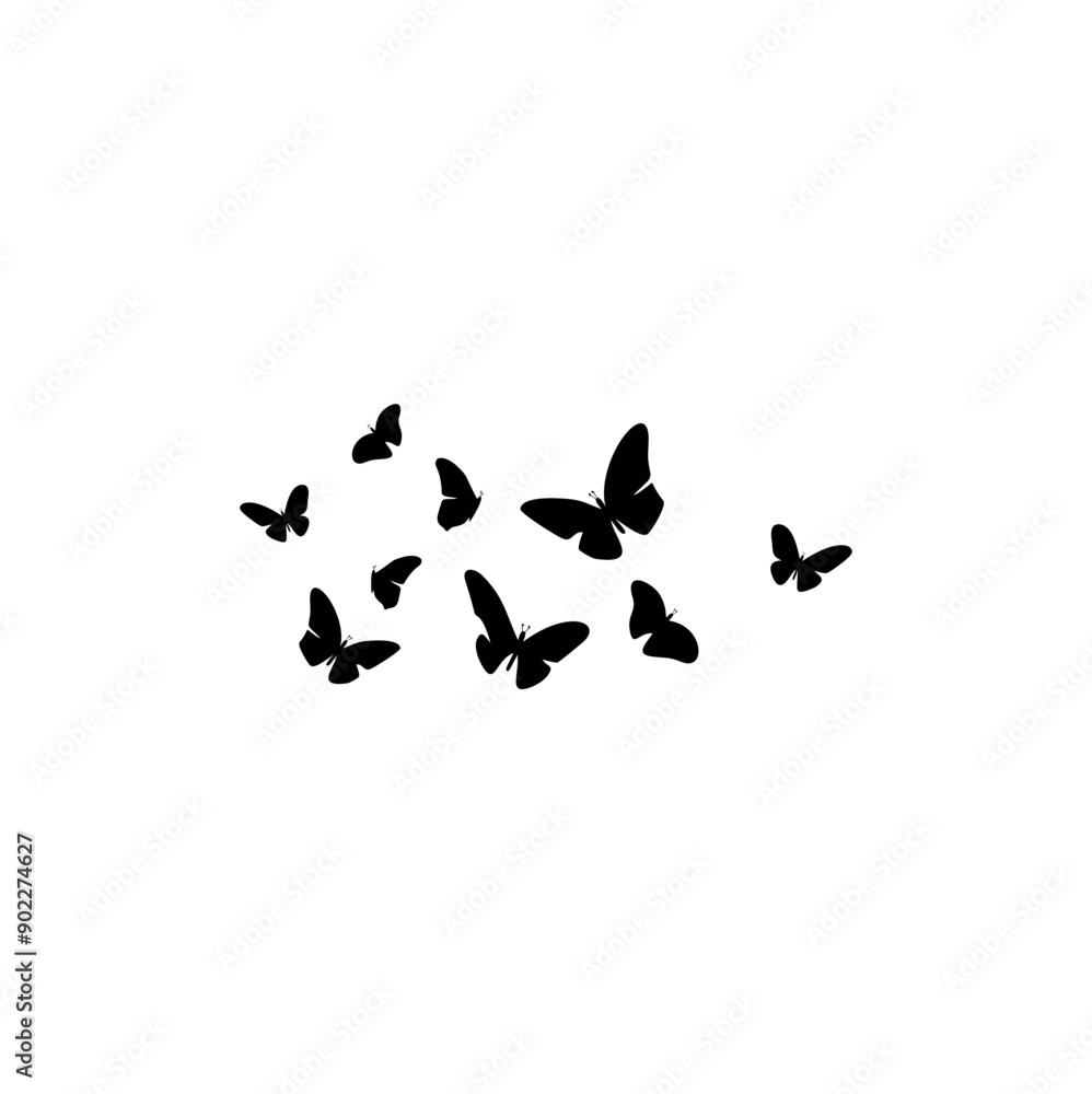 Flying butterflies silhouettes. Flock of butterflies on white background. Vector design element. Flying butterflies silhouettes. Flock of butterflies on white background. Vector design element.
