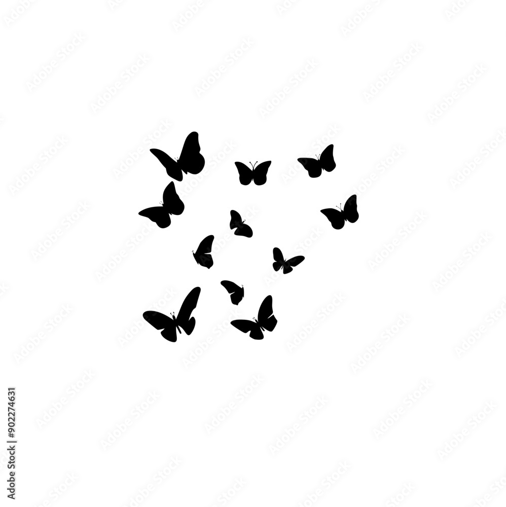 Flying butterflies silhouettes. Flock of butterflies on white background. Vector design element. Flying butterflies silhouettes. Flock of butterflies on white background. Vector design element.