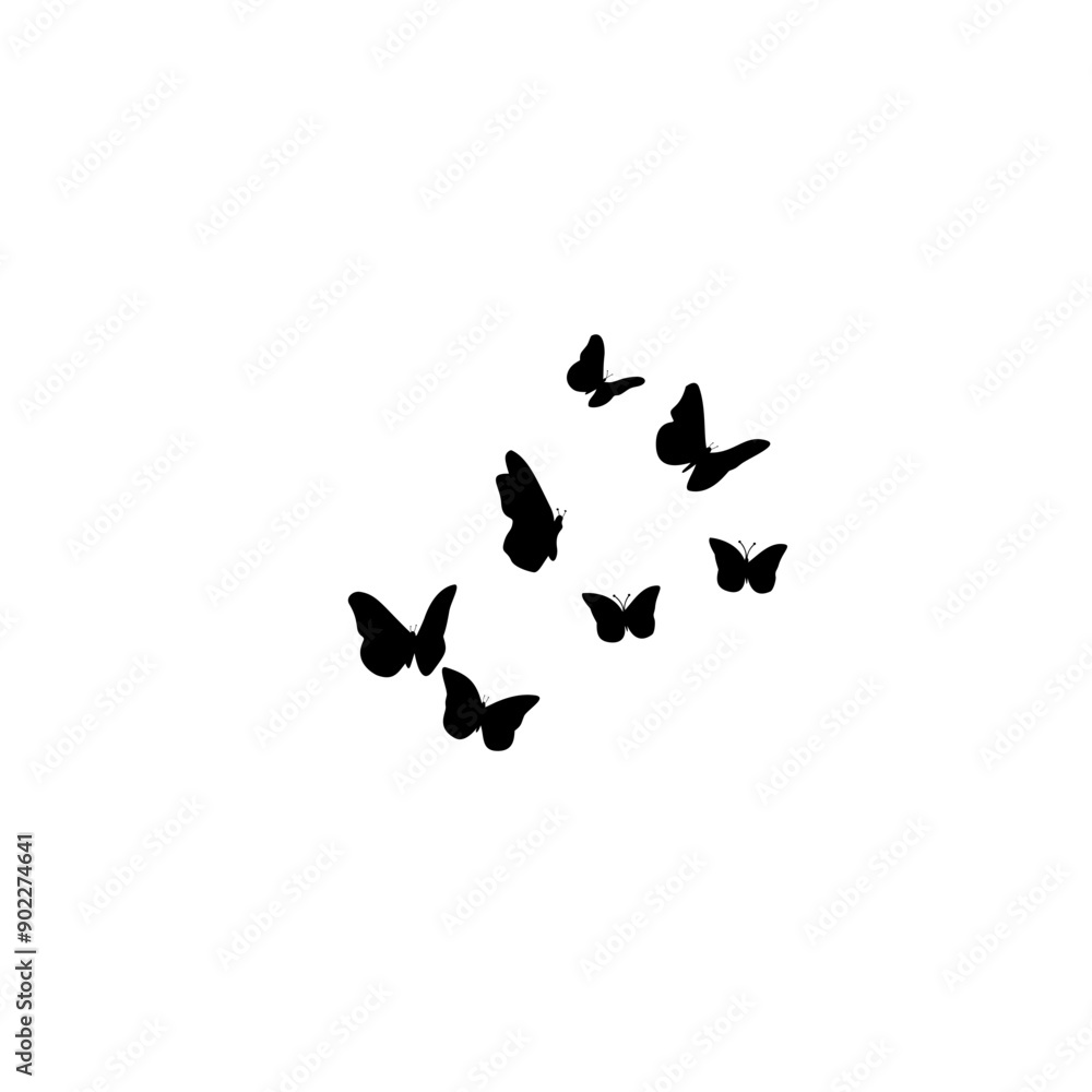 Flying butterflies silhouettes. Flock of butterflies on white background. Vector design element. Flying butterflies silhouettes. Flock of butterflies on white background. Vector design element.
