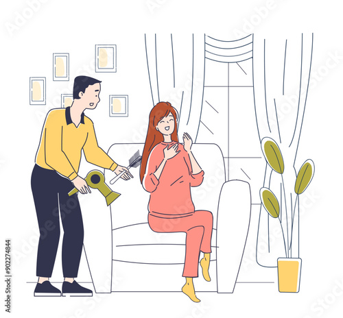 Couple daily life. Man and woman spend time together in apartment. Family cleans room. Cleanliness and hygiene. Leisure at home. Linear vector illustration isolated on white background