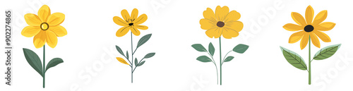 Hand-drawn yellow flowers with green stems, sunflower-like blooms, and cheerful daisies in a cute floral design, isolated PNG on transparent background, perfect for springtime artwork.