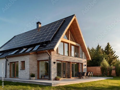 Close-up of a new suburban house with a photovoltaic system on the roof. Simple and modern environmentally friendly house with solar panels on the gable roof, with sunlight during the day
