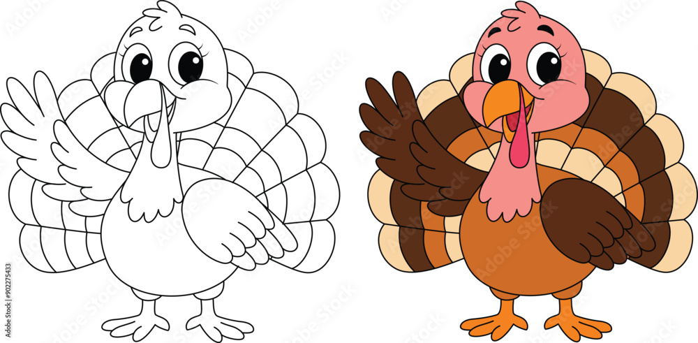 Cute turkey waving hand outline coloring page. Thanksgiving hand drawn colouring