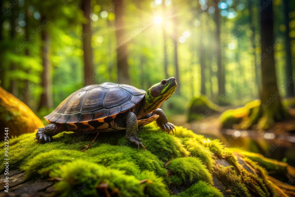 A slow-moving turtle makes its way along a moss-covered log in a serene forest setting, surrounded by lush greenery and dappled natural light filtering through trees.