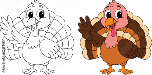 Obraz na płótnie Cute turkey waving hand outline coloring page. Thanksgiving hand drawn colouring w salonie