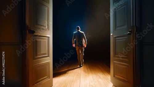 man in a doorway. man walks out the door into the void. mystical scene. stage light. abstract