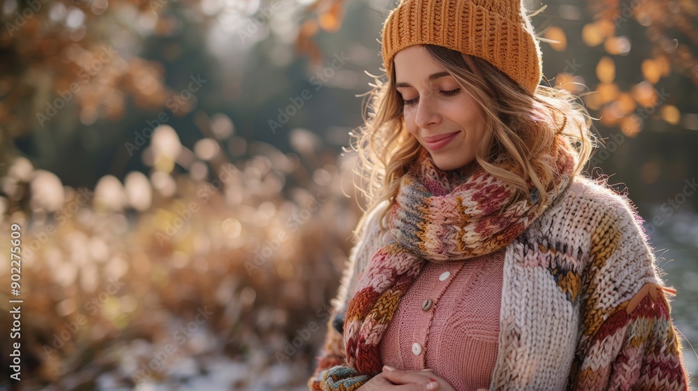 Pregnant Woman in Cozy Autumn Attire Enjoying a Peaceful Moment in a Sunlit Park, Surrounded by Nature’s Tranquility. Pregnant Woman in Cozy Autumn Attire Enjoying a Peaceful Moment in a Sunlit Park, Surrounded by Nature’s Tranquility.