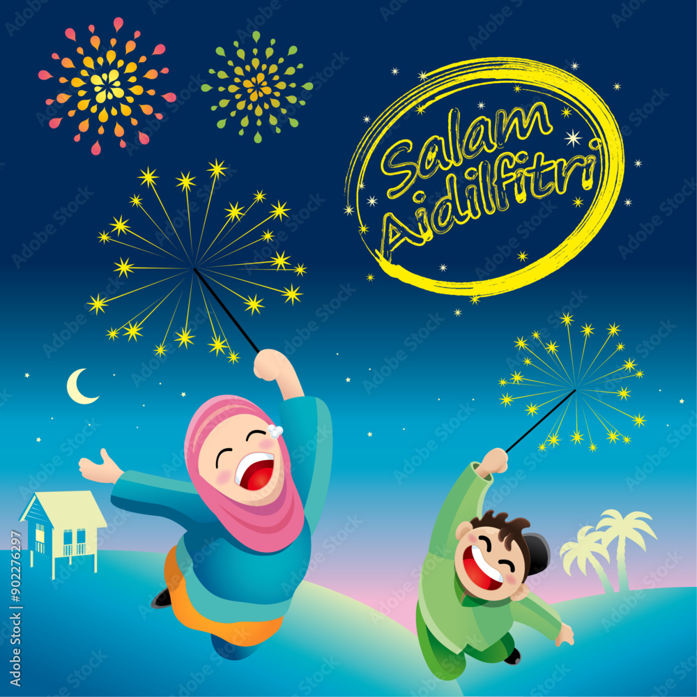 Naklejka premium A boy and a girl are playing with fireworks during Raya festival celebration. With village scenery. The words 