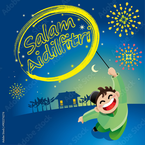 A boy and a girl are playing with fireworks during Raya festival celebration. With village scenery. The words "Salam Aidilfitri" means happy Hari Raya.