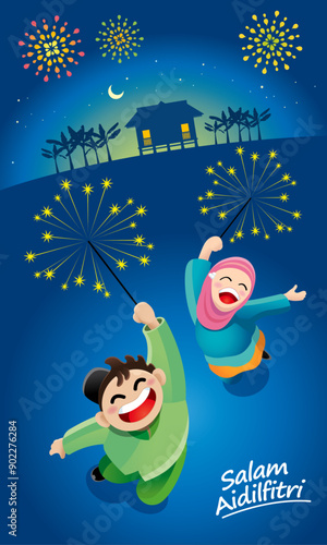 A boy and a girl are playing with fireworks during Raya festival celebration. With village scenery. The words "Salam Aidilfitri" means happy Hari Raya.