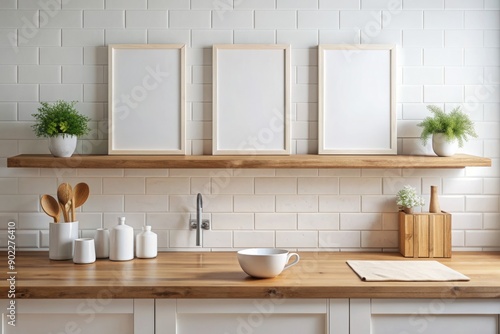 Cozy cottage kitchen features three small blank white canvases with slim wooden frames on a shelf against a clean white wall, awaiting artistic inspiration. photo