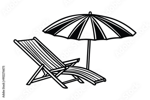 continuous out line art drawing of beach umbrella vector illustration in white background.