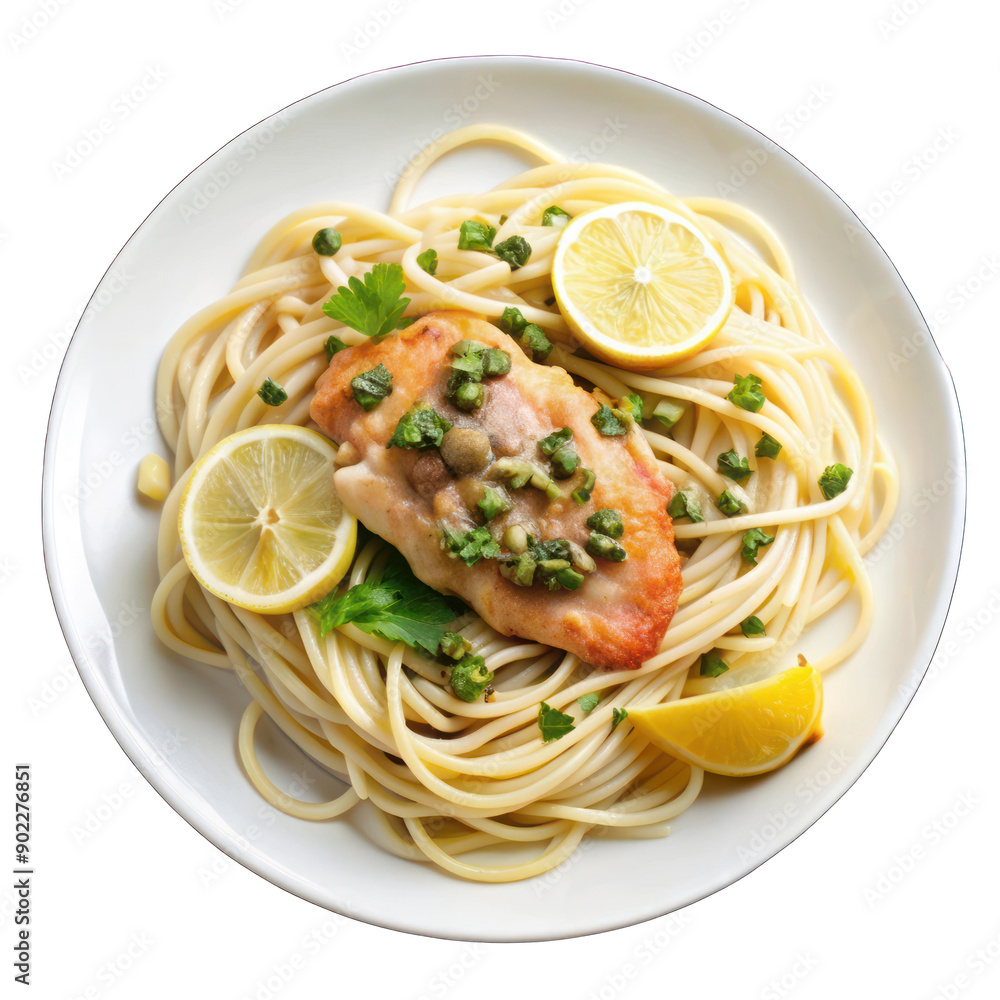 Chicken piccata with lemon caper sauce over spaghetti pasta on white plate on transparent Chicken piccata with lemon caper sauce over spaghetti pasta on white plate on transparent
