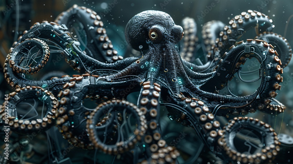 Obraz premium High-resolution depiction of an octopus with tentacles formed from tangled wires and discarded electronics in a contaminated underwater scene ensuring significant empty space around the edges Stock