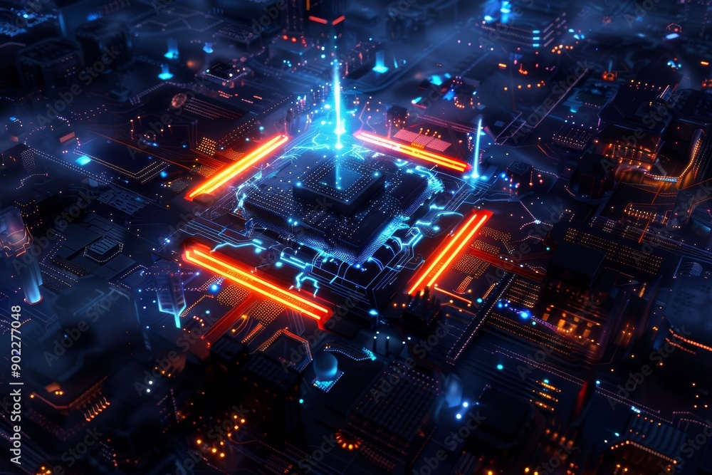 An imaginative tech art piece depicting a fantasy world within a microchip. An imaginative tech art piece depicting a fantasy world within a microchip.