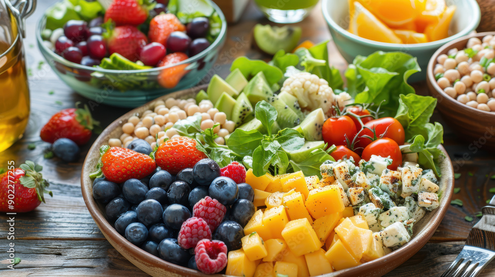 A colorful salad with a variety of fruits and vegetables, including strawberries, blueberries, and oranges A colorful salad with a variety of fruits and vegetables, including strawberries, blueberries, and oranges