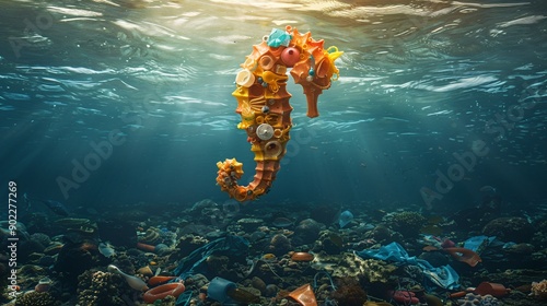 Surrealistic image of a seahorse made from colorful plastic debris and industrial waste floating through a polluted sea with significant empty space on the right side of the image Stock Photo with
