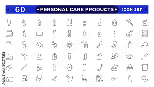 outline icons related to personal care products. Linear icon collection. Moisture cream, acid, anti wrinkle serum, ceramide, collagen, retinol compound, sunscreen. Simple icon set.