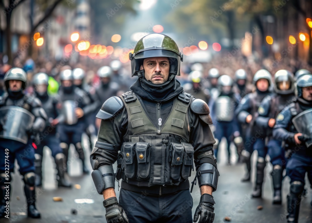 Authoritative figure in police gear stands firm amidst chaotic scene, blurred masses of demonstrators fill the background, conveying tension and social unrest. Authoritative figure in police gear stands firm amidst chaotic scene, blurred masses of demonstrators fill the background, conveying tension and social unrest.