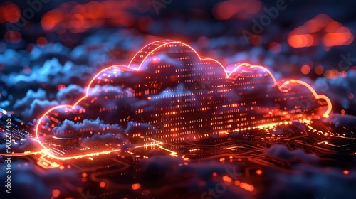 Abstract cloud computing concept with glowing neon cloud and city skyline.