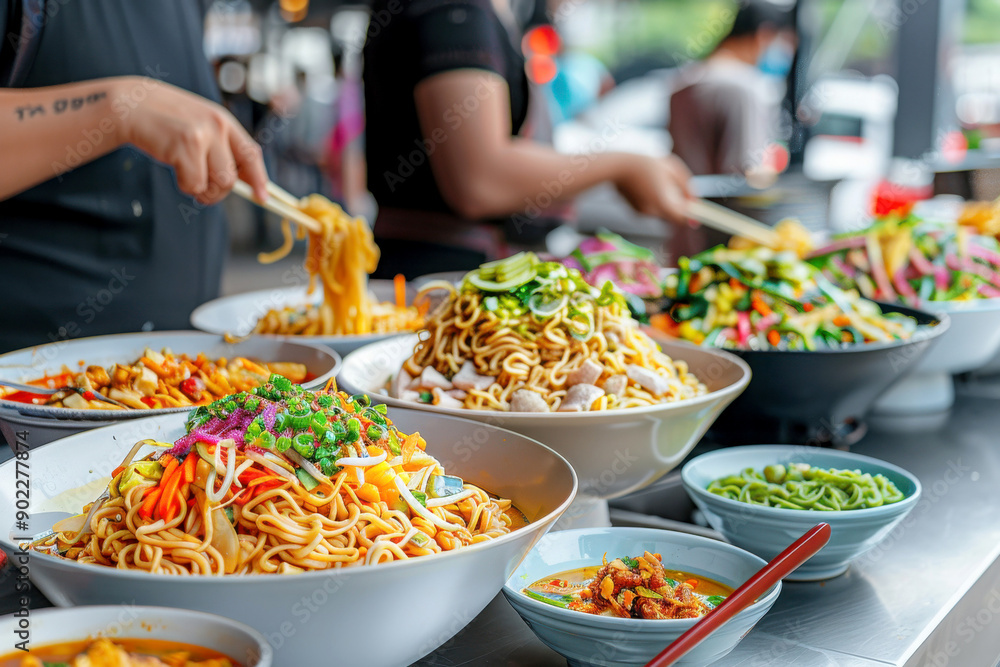 Obraz premium Noodle bar. A variety of delicious dishes are on display at a noodle bar.