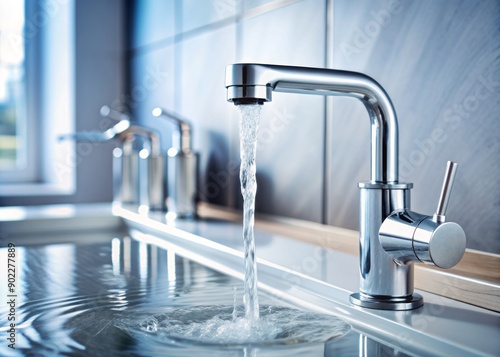 Clear water flows continuously from an open faucet of a modern sink, creating a serene atmosphere in a clean and minimalist kitchen or bathroom setting.