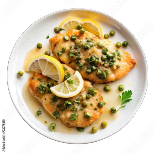 Chicken piccata on white plate top view isolated on transparent background