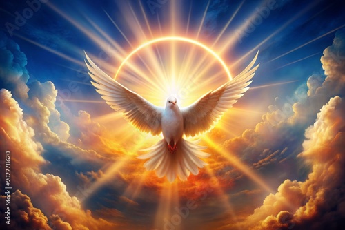 Vibrant digital illustration of a fiery dove descending upon a bright halo surrounded by shimmering rays of light and gentle wisps of cloud.